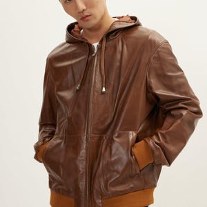 Mens Brown Hooded Leather Jacket, Mens Leather Jacket With Hoodie, Black Lambskin Leather Racing Jacket, Handmade Leather Hooded Jacket