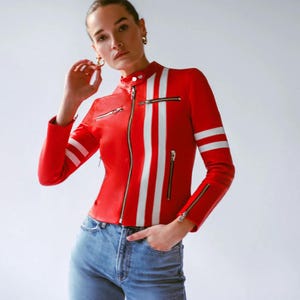 Womens Genuine Lambskin Red Leather Jacket-Motorcycle Slim fit Red Biker Leather Jacket-Gift For Her-Handmade Stylish Winter Jacket For Her