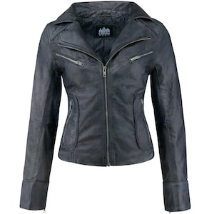 Women&#39;s Black Cafe Racer Leather Biker Lambskin Jacket Handmade Motorcycle Slim Fit Leather Jacket Premium Leather Jacket with Long Fit