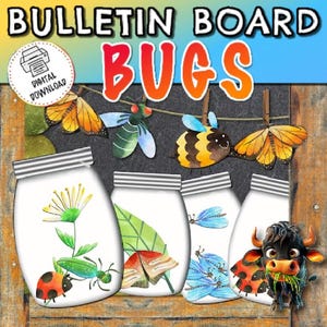 Puede incluir: Conjunto de tablero de anuncios imprimible con ilustraciones coloridas de insectos en frascos. El conjunto incluye una abeja, una mariquita, una libélula, una mariposa y un escarabajo verde. Los frascos son blancos con una tapa rayada en blanco y negro. El título "Bulletin Board Bugs" está escrito en letras rojas y blancas. El texto "Descarga digital" está escrito en un círculo blanco con un icono de impresora.