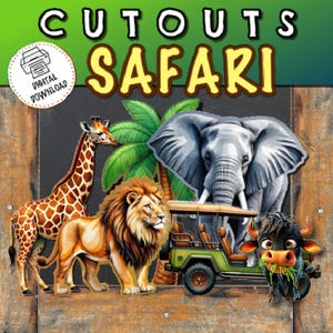 May include: Cutout Safari digital download featuring a giraffe, lion, elephant, safari jeep, and a cartoon bull. The text "CUTOUTS SAFARI" is at the top. A digital download icon is in the upper left corner.