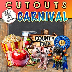 May include: Digital cutout images with a carnival theme. Includes a popcorn bag, a red apple, a jar of food, a pig, a cow with a blue ribbon, and a sign that says "County Fair". The word "Carnival" is in blue letters.