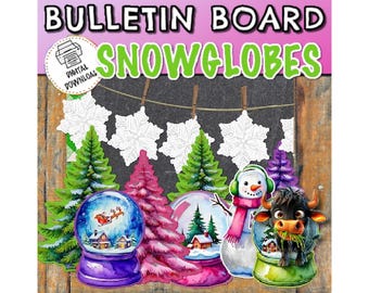 Może przedstawiać: Cyfrowa tablica ogłoszeń do pobrania ze słowem "SNOWGLOBES". Obraz zawiera kolorowe wycinki kuli śnieżnych, choinek, płatków śniegu i bałwana. Kule śnieżne mają w środku zimowe sceny.