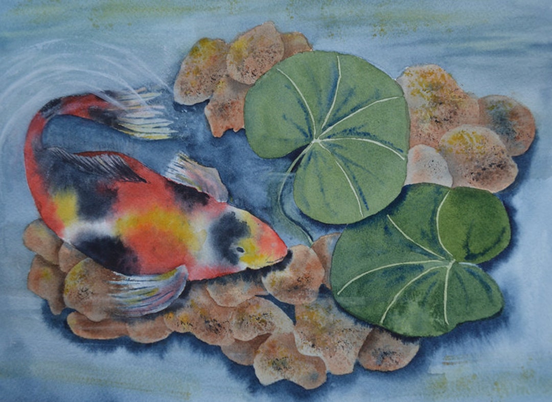 Art, Fine Art-watercolor Painting of Koi Fish in a Pond-water Lily and ...