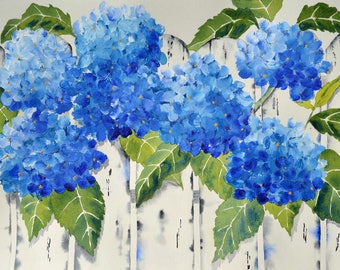 Hydrangea Flower, Blue Hydrangeas, Blue Flower Painting, Hydrangea Print, Garden Painting, Cottage Wall Decor, Flower Lover Gift