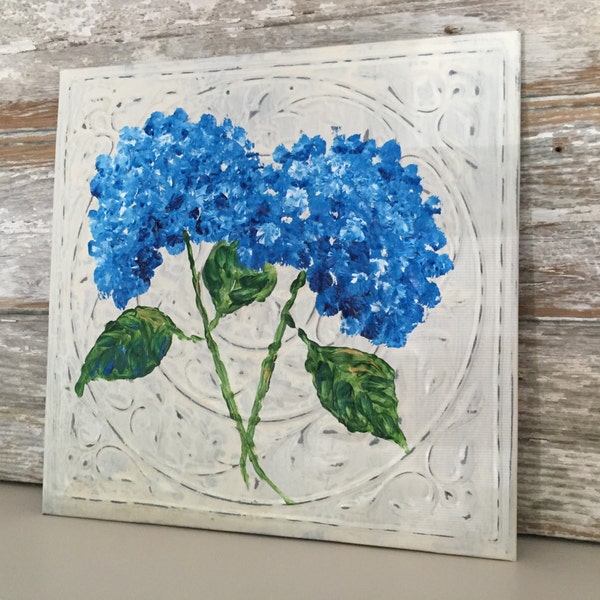 Hydrangeas-Acrylic Painting on White Washed Distressed Metal Sign