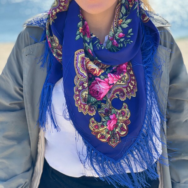 Blue Floral Scarf with Yellow Pink flowers Luxurious Shoulder wrap Soft Shawl, Gift for Her Mother Grandmother, Mother's Day present