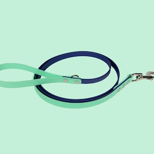 May include: A dog leash in shades of teal and navy blue, with a silver-colored clasp. The leash is made of a flexible material and has a loop handle. The leash is designed for pet owners.