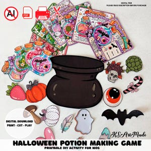 May include: A printable Halloween potion making game featuring a large black cauldron, colorful potion cards, and various cut-out elements including a strawberry, pumpkin, mushroom, ghost, bat, eyeball, skull, and candy cane. Text includes DIGITAL ITEM.