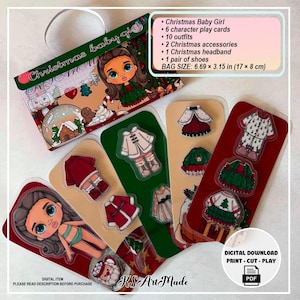 Könnte beinhalten: Ein Weihnachts-Papierpuppenset für Mädchen mit 6 Spielfigurenkarten, 10 Outfits, 2 Accessoires, 1 Stirnband und 1 Paar Schuhen. Die Aufbewahrungstasche misst 17 x 8 cm. Dies ist ein digitaler Download zum Ausdrucken, Ausschneiden und Spielen.