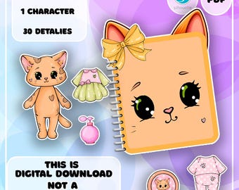 Printbaar poppenhuis van papier in de vorm van een kat, digitale download, printbaar, cadeau voor kinderen, kinderactiviteiten, Montessori, knutselen, cadeautjes voor kinderen