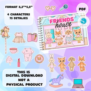 Puppenhaus mit Katze, Hund, Hase und Fuchs auf bedruckbarem Papier, zum Ausdrucken, Geschenk für Kinder, Aktivitäten für Kinder, Montessori, Kunsthandwerk, Geschenke für Kinder