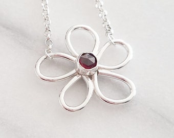 Sterling Silver Modern  Flower Necklace with Garnet or a stone of your choice, Amethyst, Aquamarine, Citrine, Tourmaline