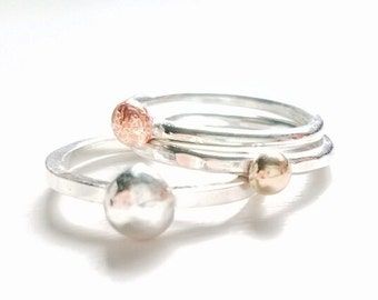 14 K Solid Rose Gold, Yellow Gold and Silver Pebbles Rings, Set of three stacking rings