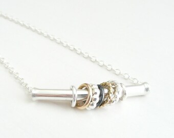 Sterling Silver Necklace with 14 k Gold and Silver Spinners, Spinner Necklace, Meditation Necklace