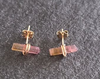 Raw Watermelon Tourmaline Crystals and 14k Gold Stud Earrings