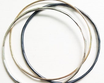 Trio Bangle Bracelet 14k yellow solid gold and Sterling Silver 925, Mixed Metal, Black, Silver and Gold