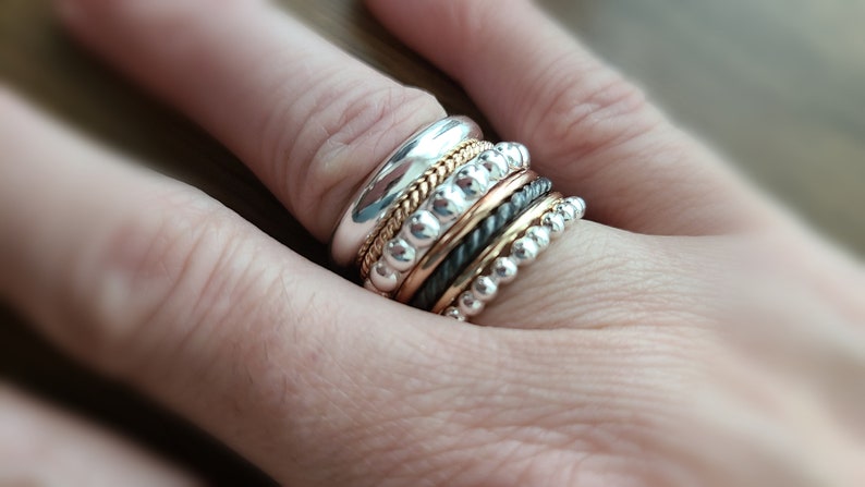 Stacking Rings, Set of 7 Sterling Silver, 14 K Solid Yellow and Rose Gold , stackable rings, mixed precious metal stackable ring set image 6