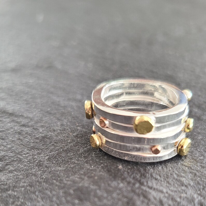 Sterling Silver and 14 K Yellow and Rose Gold drops, Modern Ring by Stilosissima California image 2