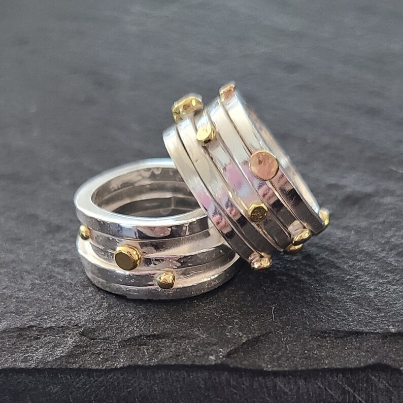 Sterling Silver and 14 K Yellow and Rose Gold drops, Modern Ring by Stilosissima California image 4