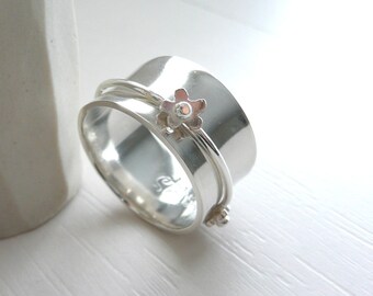 Romantischer Sterling Silber Spinner Ring, Spinner Ring mit Blume oder Herz, Sorgenring mit Blume oder Herz, Angst Ring