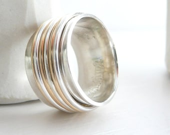 Spinner Ring, Spinner Ring, Sterling Silber und 14 K solid Gold Spinner Ring, Sorgen Ring, Angst Ring, Meditation Ring, der moderne Spinner Ring
