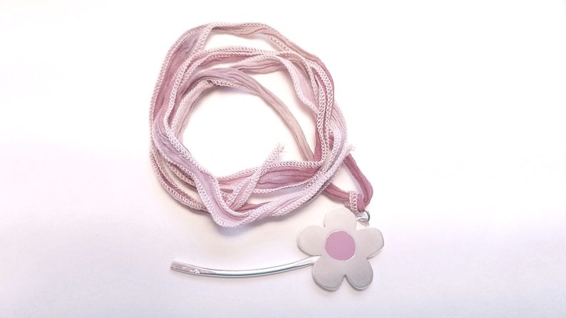 Daisy Flower Necklace, sterling Silver, Pink Resin, Pink Silk Ribbon, Choose your color, Hippie, Modern Boho Style image 2