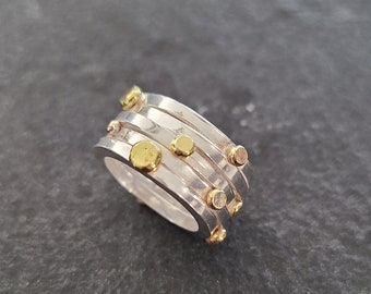 Sterling Silver and 14 K Yellow and Rose Gold drops,   Modern Ring by Stilosissima California