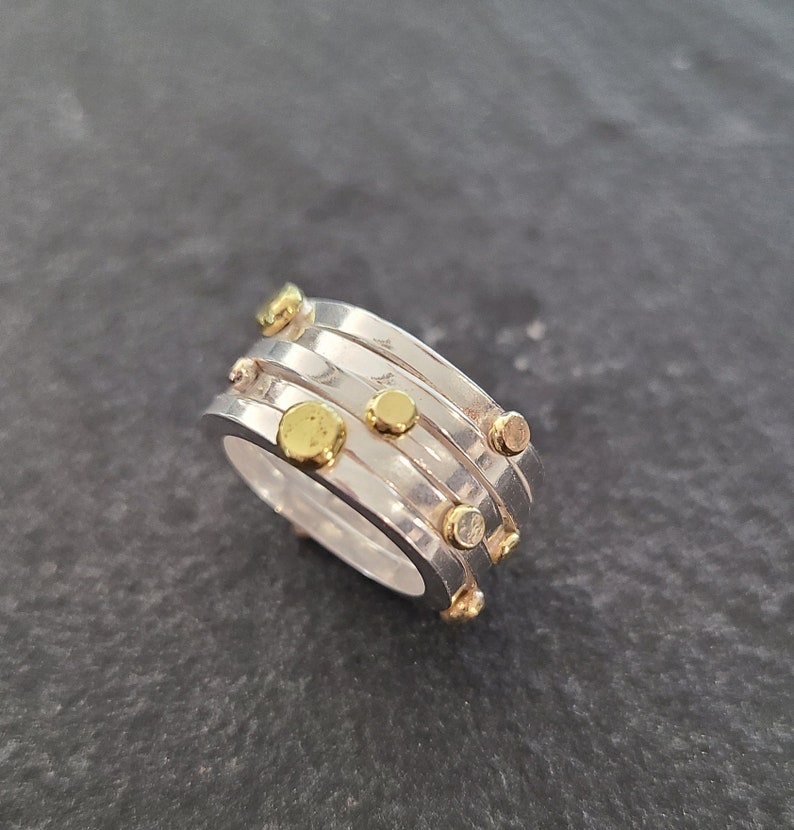 Sterling Silver and 14 K Yellow and Rose Gold drops, Modern Ring by Stilosissima California image 1
