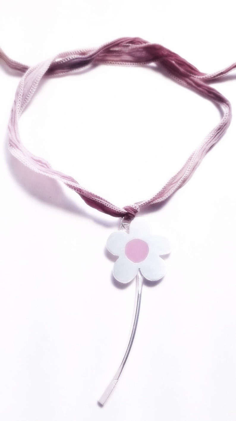 Daisy Flower Necklace, sterling Silver, Pink Resin, Pink Silk Ribbon, Choose your color, Hippie, Modern Boho Style image 3