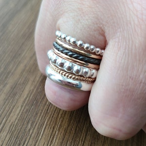 Stacking Rings, Set of 7 Sterling Silver, 14 K Solid Yellow and Rose Gold , stackable rings, mixed precious metal stackable ring set image 5