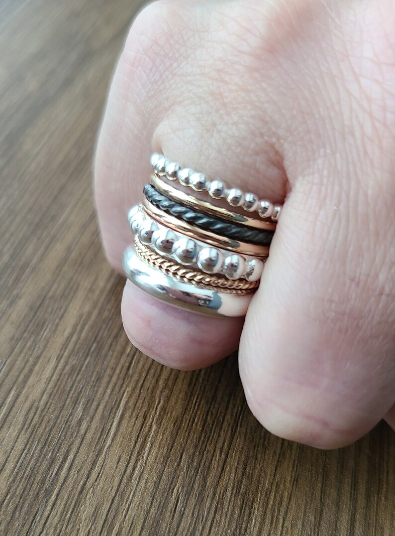 Stacking Rings, Set of 7 Sterling Silver, 14 K Solid Yellow and Rose Gold , stackable rings, mixed precious metal stackable ring set image 5