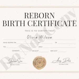 Puede incluir: Certificado de nacimiento Reborn beige y dorado con el texto "REBORN BIRTH CERTIFICATE". El certificado incluye espacios para el nombre del bebé, la fecha de nacimiento, el lugar, el sexo, la altura y el peso. También tiene líneas de firma.
