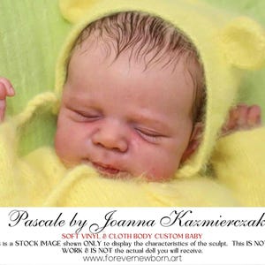 Puede incluir: Una muñeca realista con los ojos cerrados y cabello fino, vistiendo un gorro amarillo difuso y un suéter a juego. El texto dice: Pascale by Joanna Kazmierczak, SOFT VINYL & CLOTH BODY CUSTOM BABY, This is a STOCK IMAGE shown ONLY to display the characteristics of the sculpt. This IS NOT MY WORK & IS NOT the actual doll you will receive. www.forevernewborn.art