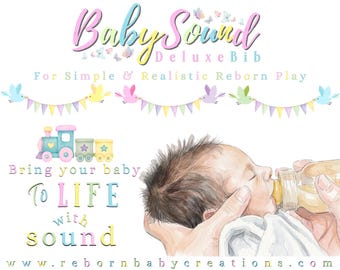 Puede incluir: Una ilustración digital con el texto BabySound DeluxeBib For Simple & Realistic Reborn Play, Bring your baby To LIFE with sound, y www.rebornbabycreations.com. Incluye pájaros coloridos, banderines, un tren y un bebé siendo alimentado.