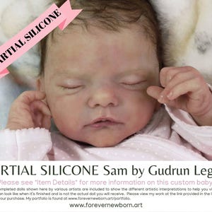 Può includere: Una bambola di bambino che dorme realizzata in silicone parziale. La bambola indossa un vestito rosa e bianco. Il testo "PARTIAL SILICONE Sam by Gudrun Legler" è nella parte inferiore dell'immagine. Il testo "Please see "Item Details" for more information on this custom baby." è sotto il titolo.