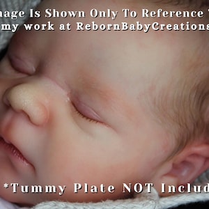 Może przedstawiać: Zbliżenie twarzy noworodka z zamkniętymi oczami. Dziecko ma jasną skórę i cienkie, jasnobrązowe włosy. Obraz zawiera tekst "This Image Is Shown Only To Reference The Kit" i "View my work at RebornBabyCreations.com".