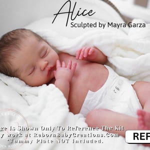 Może przedstawiać: Realistyczna lalka dla dziecka o imieniu "Alice", wyrzeźbiona przez Mayrę Garzę, leżąca na białym kocu w wiklinowym koszu. Lalka ma zamknięte oczy i nosi pieluchę. Obraz zawiera tekst "REF-5774".