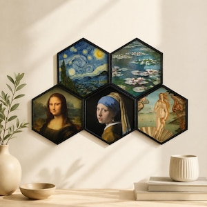 May include: A set of five hexagonal wall art panels featuring famous paintings including The Starry Night, Water Lilies, Mona Lisa, Girl with a Pearl Earring, and The Birth of Venus, all framed in black borders and arranged in a honeycomb pattern.