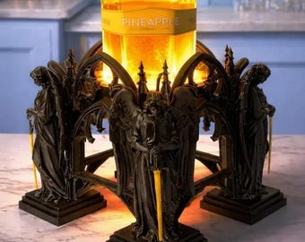 Gothic Arch Angel Liquor Stand with LED Light, Steampunk Angel Wine Bottle Holder, Unique Home Bar Decor & Tabletop Accent Piece Gift