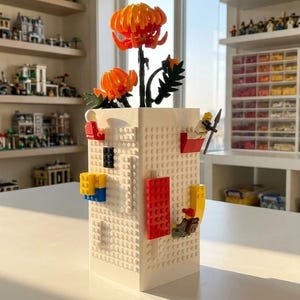 Könnte beinhalten: Ein weißer, rechteckiger Behälter aus Bausteinen mit einer Noppenstruktur an der Außenseite. Der Behälter ist mit kleinen, bunten Kunststoffsteinen und mehreren daran befestigten Spielfiguren verziert. Im Inneren befinden sich zwei orangefarbene Blumenstiele.