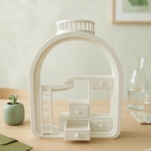 May include: A white decorative miniature dollhouse with a bottle-shaped frame. The interior features a bunk bed, drawers, and a ladder. The design is minimalist and modern, suitable for home decor.
