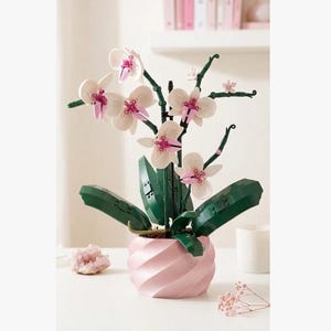 May include: A buildable orchid plant constructed from plastic bricks, featuring white and pink petals with dark green leaves. The plant is potted in a light pink, spiraled, cylindrical container that sits upright on a flat surface.