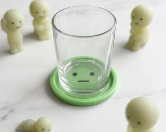 Smiski Style Coaster Set with Holder, Cute Green Face Desk Coasters, 3D Printed Funny Quirky Gift for Tea Coffee Mug, Home Decor