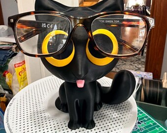 Schattige zwarte kat brilhouder, lenzenvloeistofstandaard kat met grote ogen, 3D-geprinte zonnebrildisplay, bureauorganisator, cadeau voor kattenliefhebbers gezellig decor