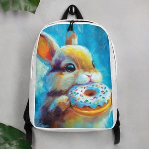 Rabbit Backpack Cute Bunny with Donut Backpack Colorful Animal Art Bag School Backpack with Original Painting Print Gift for Rabbit Lovers