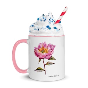 Peony Mug with Pink Color Inside Watercolor Painting Mug  Peony Flower Mug From Original Art by Zhanna Vitkovska