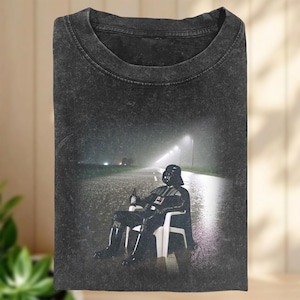 Vintage Wash Vader Rainy Road Shirt, Lonely Villain Drinking Graphic Tee, Retro Grunge Vibe, Unique Statement For Sci-Fi Movie Lovers