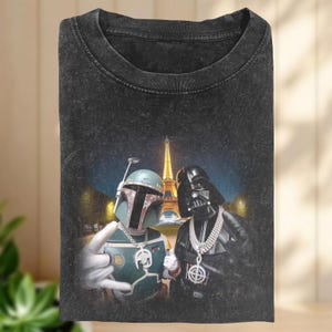Vintage Wash Paris Travel Shirt, Vader Fett Hip Hop Graphic Tee, Retro Grunge Vibe, Unique Statement For Sci-Fi Fandom Travelers