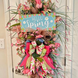 Hello Spring Teardrop Wreath, Denim and Pink Wreath, Floral Door Hanger, Everyday Wreath for Front Door image 2
